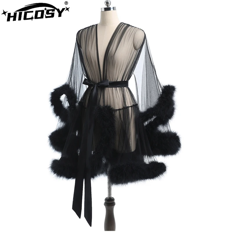

Sexy Feather Robe Large Size Seductive Mesh Perspective Sex Fur Bathrobe Passionate Waist Tightening Robe Dressing Gown Bridal