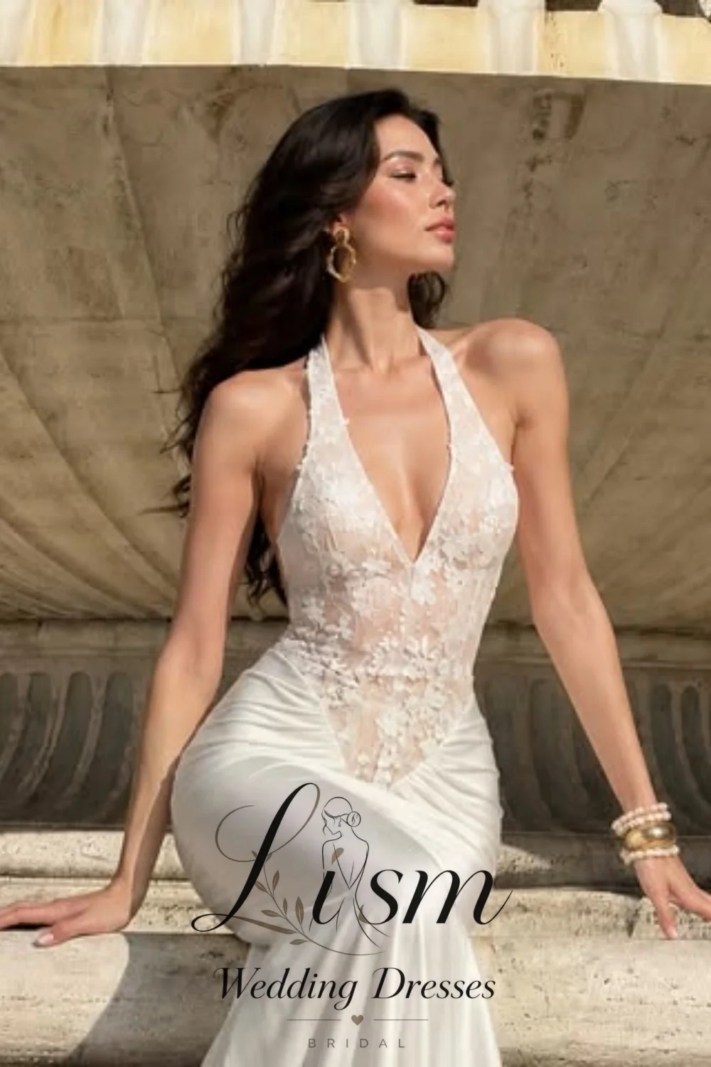 Lism Luxury Ivory Wedding Dress Deep V Neck Backless Sexy Bridal Gown Sleeveless Sweep Train Fashion Bridal Dress Customized