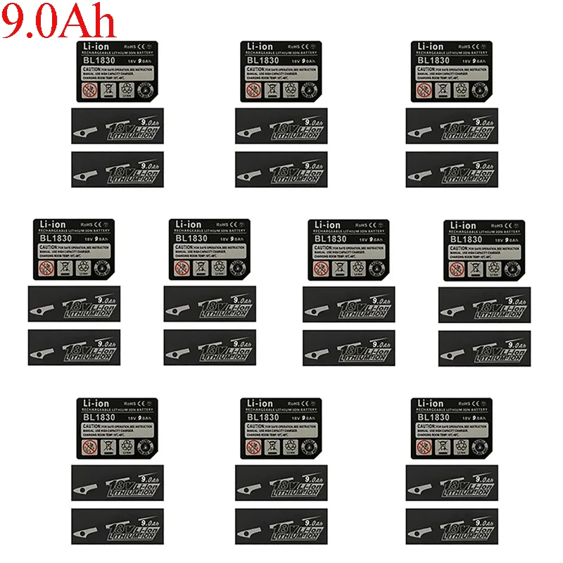 10 conjuntos de etiqueta bl1830 bateria de íon-lítio 18v etiqueta adesiva para makita 18v 3ah 4ah 5ah 6ah 9ah bl1860 bateria logotipo chave de martelo broca