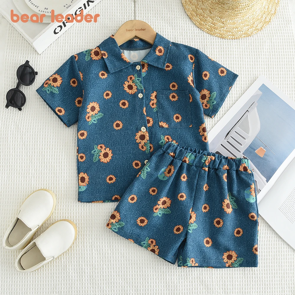 Bear Leader Summer Girl Blue Imitation Denim Printed Short Sleeved Lapel Top+pants Two-piece Set for Children's Casual Clothing
