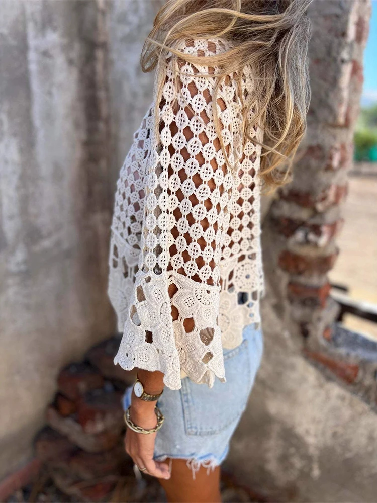 Sexy Women's V Neck Hollow Knitted T-shirt Spring Summer Ties Up Loose Bohemian Holiday Blouses Casual Flared Sleeve Bikini Top