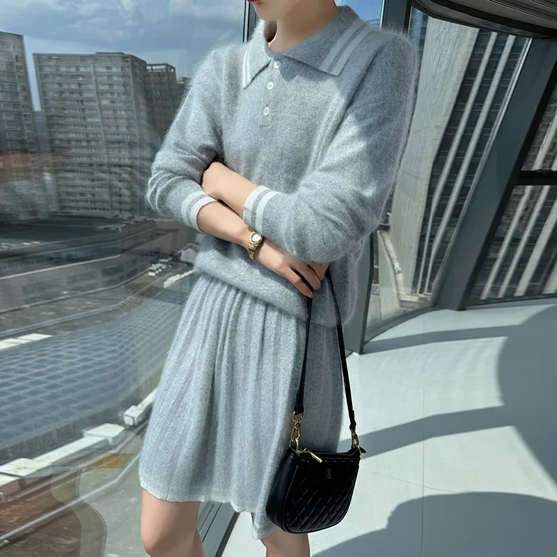 New Women's 100% Mink Cashmere Knitted Polo Neck Pullover Sweater Loose Skirt 2-Piece Set Autumn Winter Fashion Elegant Ensemble
