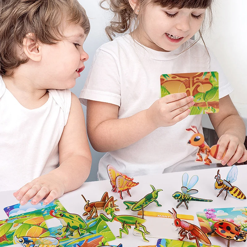 12pcs 3D Three-dimensional Paper Insect Puzzle Children's Toys Cartoon Insect Assembly Model DIY Educational Toy Gift for Kids