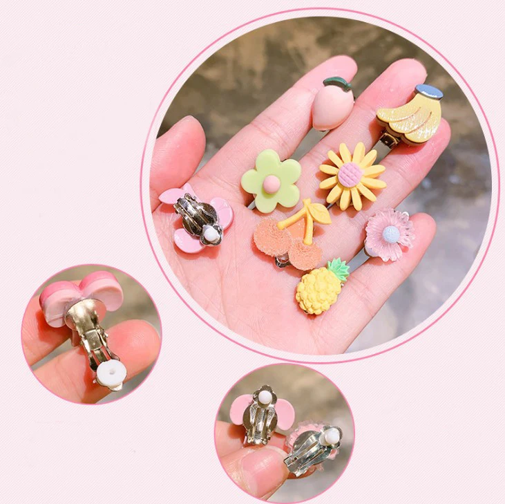 10pcs Cute Holeless Clips Earrings for Girls Children Flower Animal Fruit Cake Food Ear Pins Earring Ear Jewelry Accessories