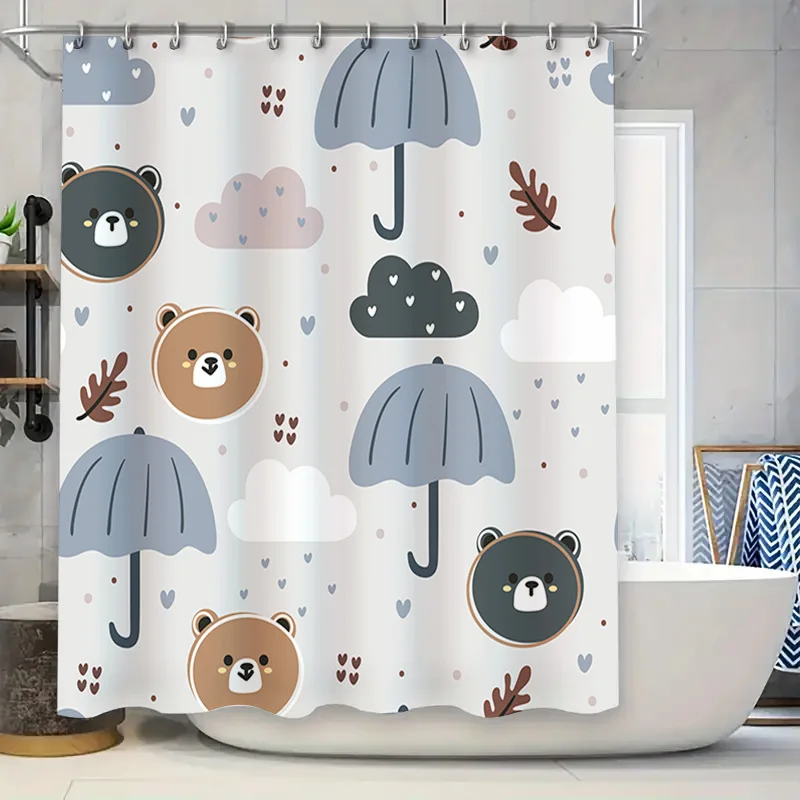 

Занавеска для душа с милым принтом зонтика для декора ванной комнаты, белая водонепроницаемая ткань с облаками и медведями (размер: 180x245 см)