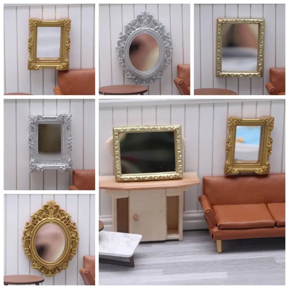 Mini fingir jogar 1:6/1:12 casa móveis escultura borda de metal espelho em miniatura retro diy casa de bonecas espelho modelo ob11