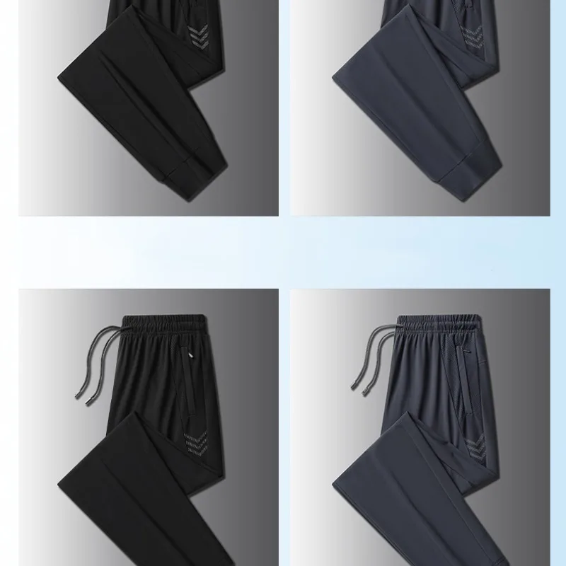 Calça esportiva casual de seda gelo masculina, Fina, Zíper, Secagem rápida, Legging longa respirável, Plus, verão