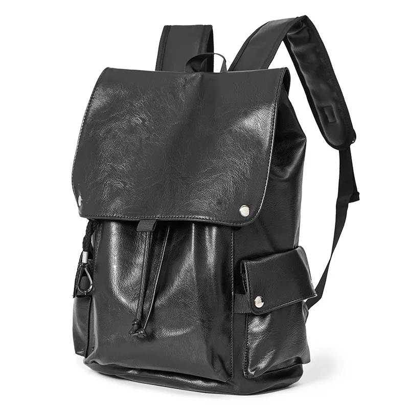 Men PU Leather Backpack Male Drawstring Flap Bag Man Travel School Rucksack Casual Outdoor Hiking Daypack For Men Daily Use