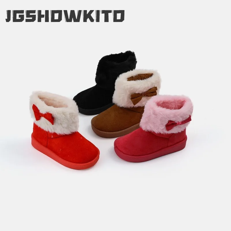 JGSHOWKITO Kids Girls Winter Snow Boots Furry Cuff Bow Decor Toddlers Cotton Boots Outdoor Non-slip Warm Children Ankle Boots