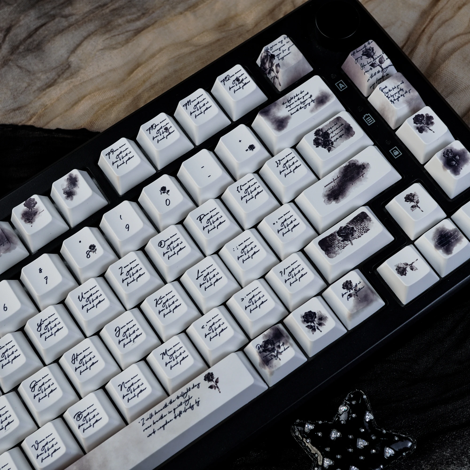 Black Rose Ink Wash PBT Keycap Set Cherry/MOA Profile Dye-Sub Custom Key Caps For MX Switches Mechanical Keyboard Gothic Decor