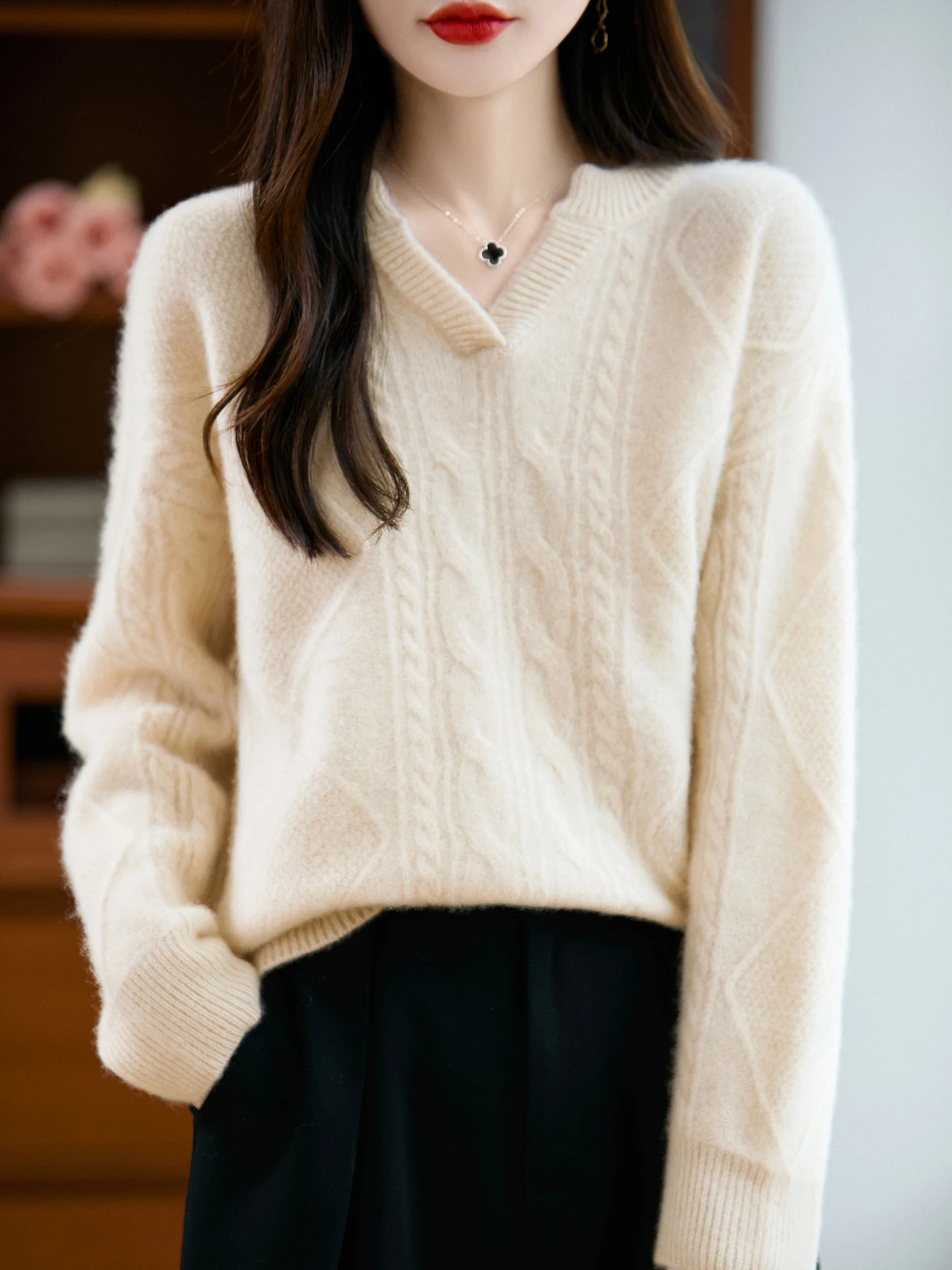 TLOML New Women V-neck Cable Knit Pullover Thick Cashmere Sweater Casual Loose 100% Merino Wool Knitwear Autumn Winter Warm Tops