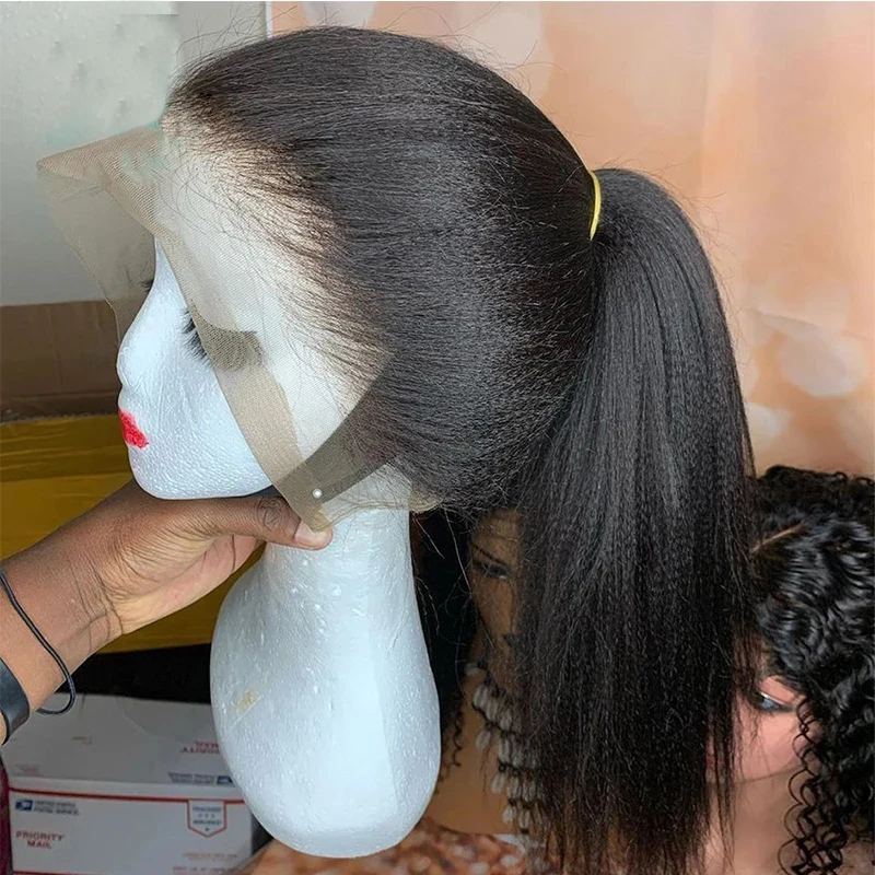 Peluca frontal de encaje negro Natural para mujer, pelo de bebé largo y rizado, Yaki, predesplumado, 180de densidad, sin pegamento, diario, parte media, 26"