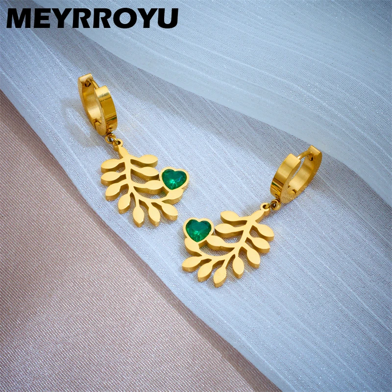 

MEYRROYU 316L Stainless Steel Luxury Fashion Gold Color Leaf Hoop Earring for Women Exquisite Green Heart Diamond Jewelry Серьги