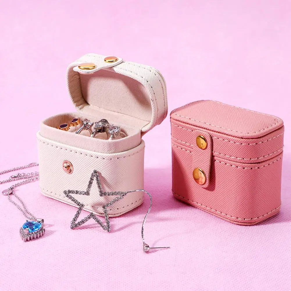 

Jewelry Box Pretty Women Stud Earrings Ring Jewelry Case Mini Portable Snap Button Faux Leather Shockproof Jewelry Organizer