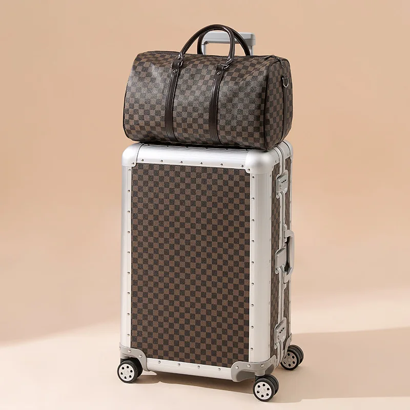 

20/26 inch All Aluminum Plaid Vintage Suitcase Set Carry-on Luggage Men Trolley Case Women Boarding Business Trip Suitcase Mute