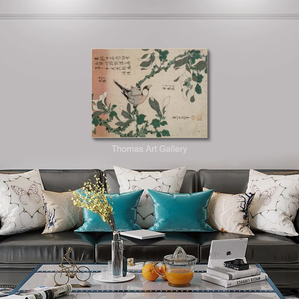 Vintage Japanese Bird Flower Canvas Wall Art Sparrow Magnolia HD Printed Traditional Ukiyo Wabi Sabi Decor for  Zen Living Room