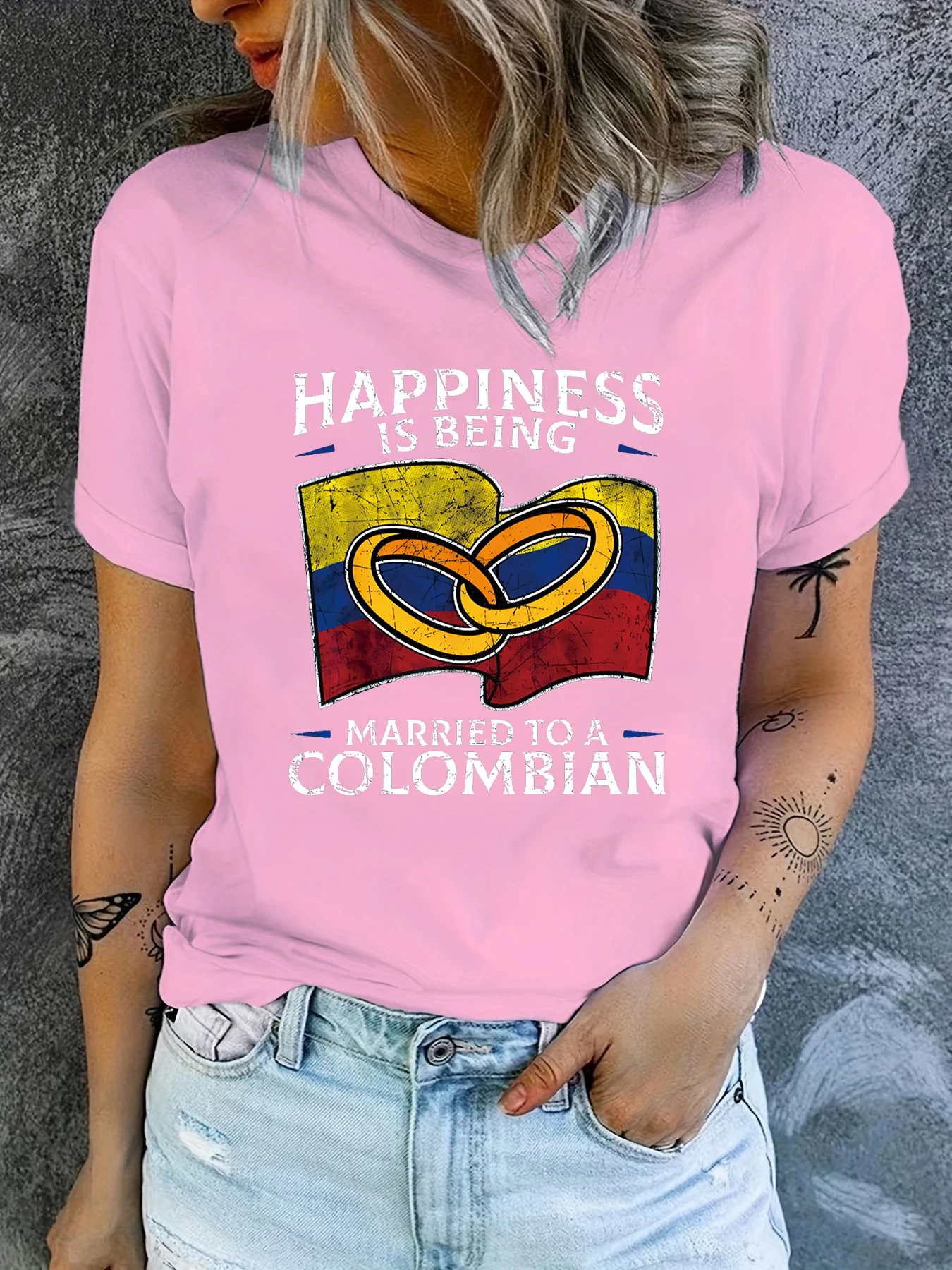 Happiness is being married to a Colombian Women\'s Casual Short Sleeve Printed Summer T-Shirt Oversized T Shirt