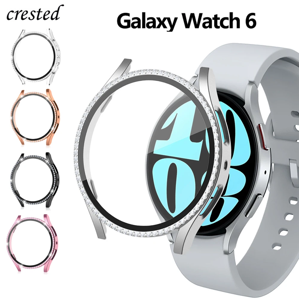 Glass+Diamond Case For Samsung Galaxy Watch 6 40mm 44mm Accessories Bling PC bumper+Screen protector Galaxy watch 6 Cover Case