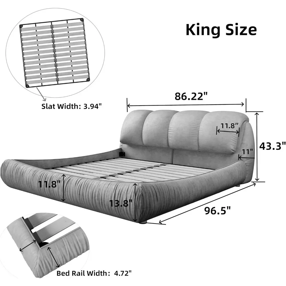 KING Bed with Oversized Padded Backrest,Solid Wood Cloud Bed Frame with Thickening Pinewooden Slats and Metal Leg