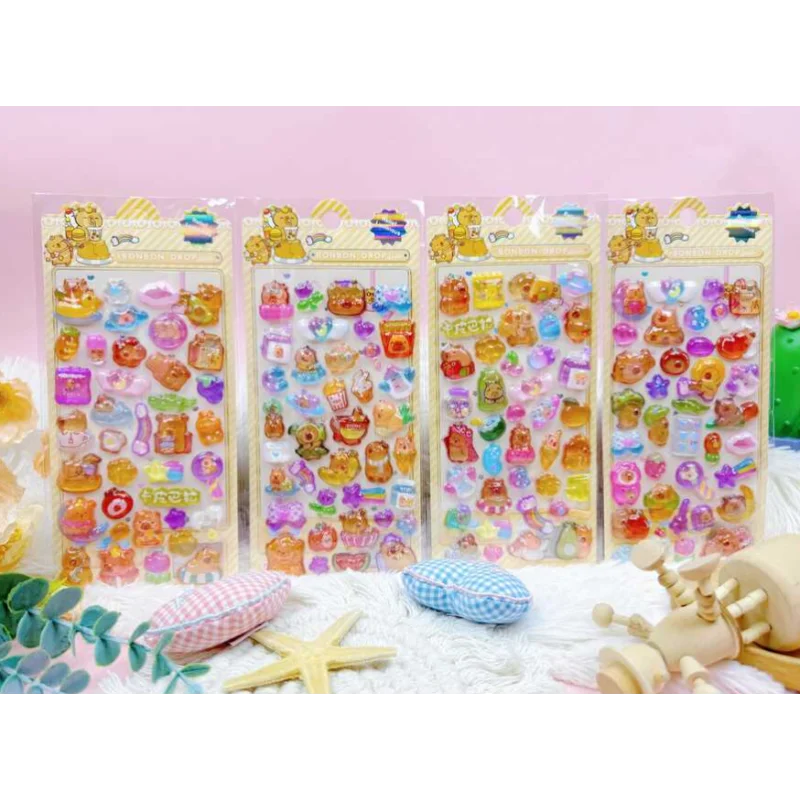 4 Pcs Mix Cartoon Stickes Capybara  3d  Stereo Crystal Sticker Handbook Diy Material Children Sticker