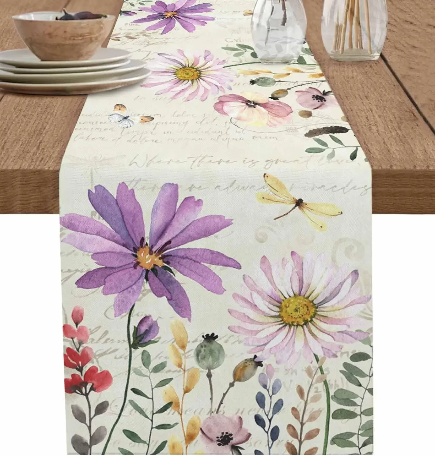 

Spring Purple Linen Table Runners Summer Flowers Botanical Vintage Dining Table Decor Farmhouse Home Holiday Wedding Party Decor