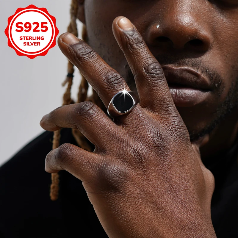 

S925 sterling silver fashionable retro hip-hop geometric square round smooth men's ring is suitable as a festival gift for men