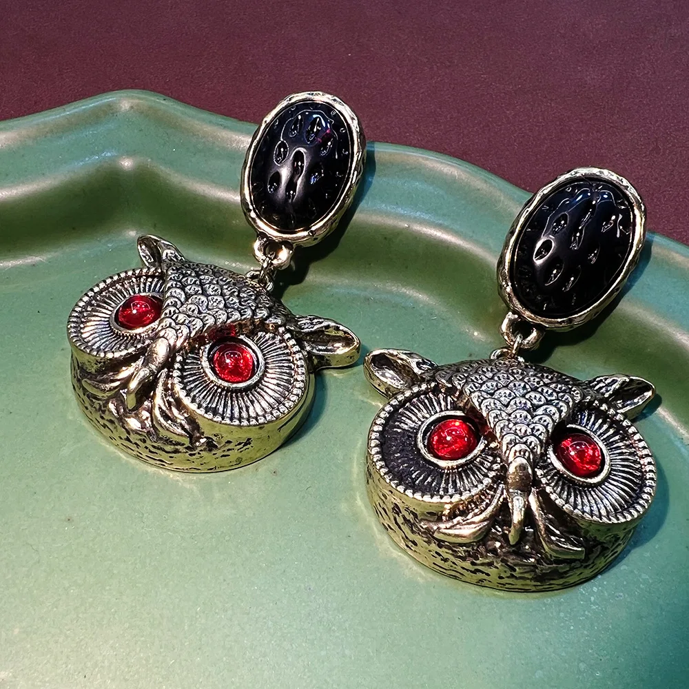 Western antique vintage owl European and American exaggerated retro old smear ins cross-border premium S925 earrings