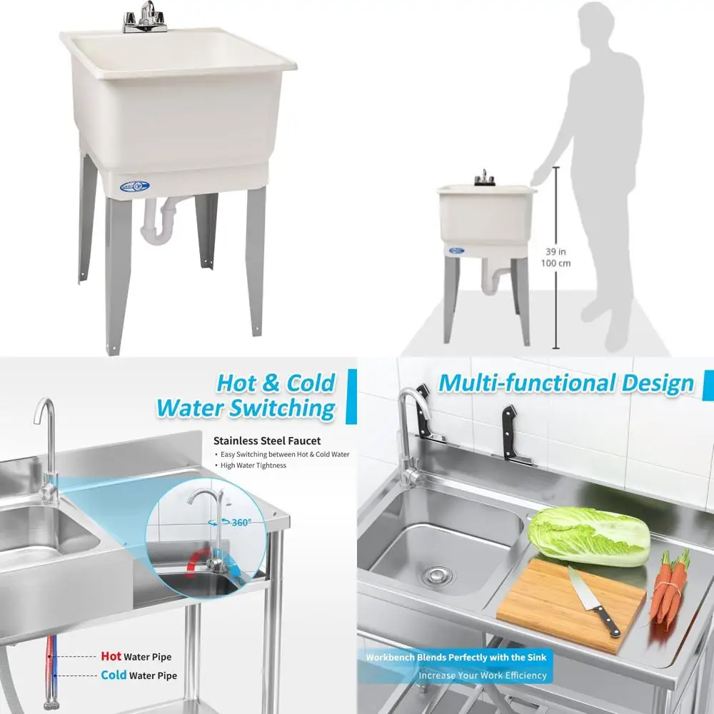 حوض أدوات قائم بذاته من مادة البولي بروبيلين مع استنزاف وصنبور، أبيض، مقاس واحد، مثالي للاستخدام المنزلي والتجاري