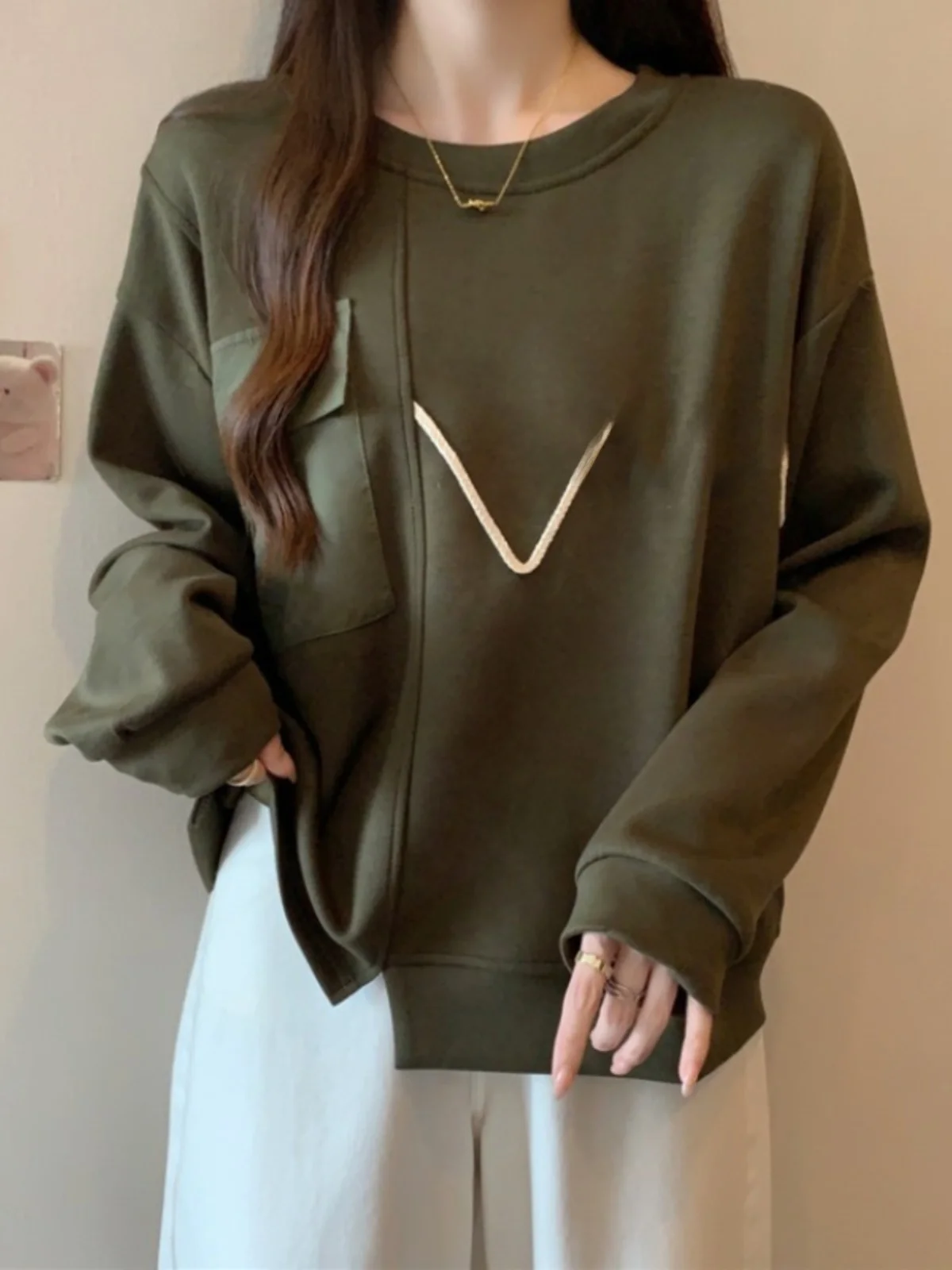 

Green Long Sleeve Hoodie Irregular Shoulder Design Large Size Women's Spring New Style 2026 Trendy Fat MM Casual Comfortable Top