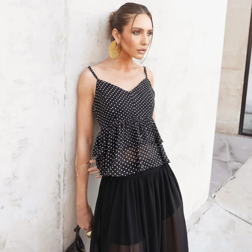 

Летний шифоновый топ Linad Street Chic с рюшами, без рукавов, на тонких бретелях, в горошек, весна 2026