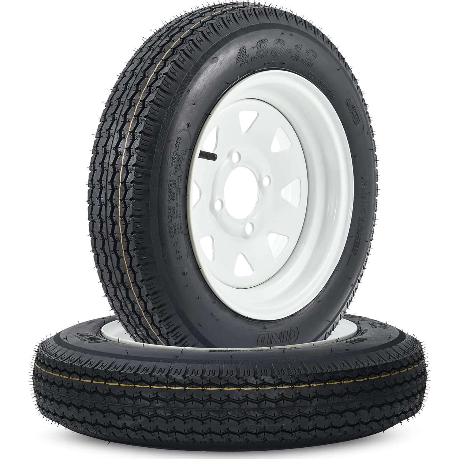 

2 шт., 4,80-12 шин для прицепа на ободах, грузовой диапазон C, 6-слойные, 12 дюймов, белые колеса со спицами, 4 наконечника, 4 дюйма, узор болта для прицепов для лодок-кемперов