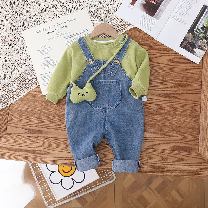 MILANCEL 3Pcs 2024 Autumn New Kids Clothing Set Brief Sweasthirts And Denim Overall With Bag Girls Hoodie Suit Boys Clothes Set