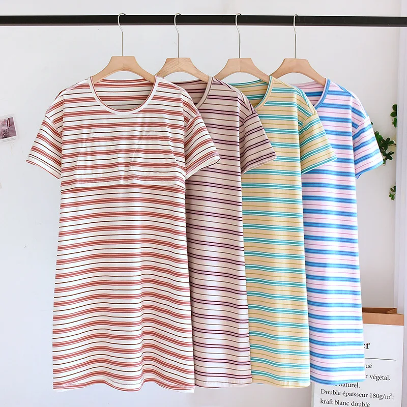 

Ночная сорочка женская хлопковая в полоску, ночная рубашка с коротким рукавом, домашняя одежда для сна, лето