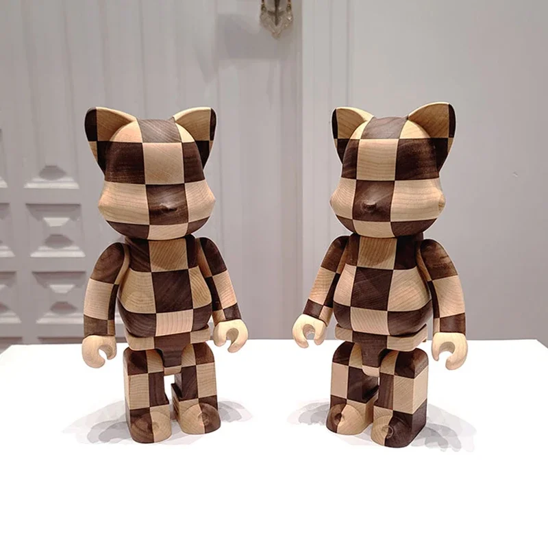 Checkerboard Trendy Ornaments, Ebony Pine Wood, Trendy Bear Decoration, Movable Joints, Luxury Fashionable Solid Wood Art Gifts