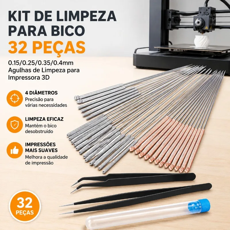 32Pcs 3D Printer Nozzle Cleaning Needles Kit, 0.15/0.25/0.35/0.4mm Stainless Steel Unclog Needle Set for 3D Printer Extruder