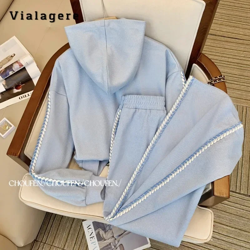 Korean Casual Two-piece Set Women  Loose Hooded Full Sleeve Sweatshirt + Drawstring Trousers Sets Light Blue Pants Suits