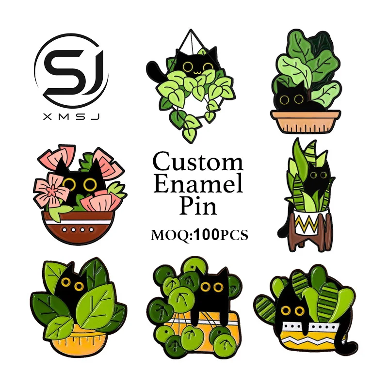 Plant and Cat Enamel Pin Customizable Metal Badge Personalized Design OEM/ODM Available Bulk Production Wholesale