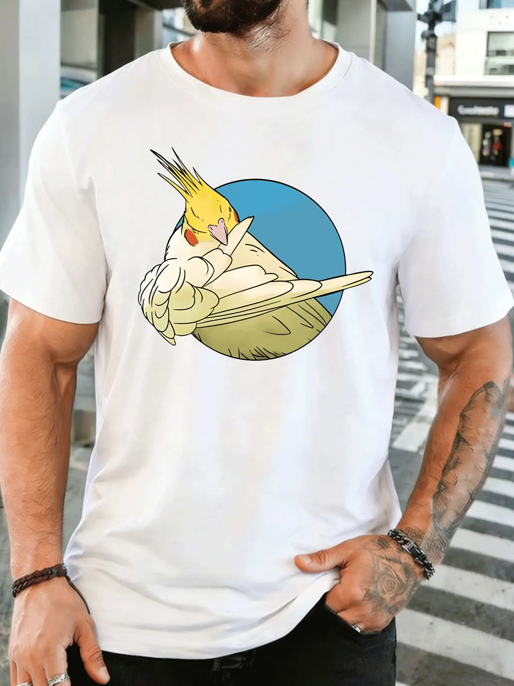 Cute Cockatiel Parrot Preening Feathers Mens Front Print T Shirt Funny Bird Graphic Tee Casual Short Sleeve Top Bird Lover Gift