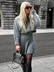 HH Fashion Women's Suit Vintage Women Loose Cropped High Neck Knitted Sweater Long Sleeve Female Pullovers Chic Tops Skirt
