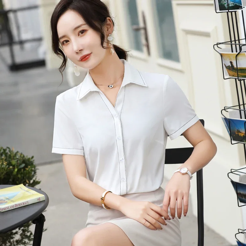 New Styles 2021 Summer Short Sleeve Blouses Shirts Elegant Blue for Women Business Work Wear V-neck Blouse Female Tops Clothes