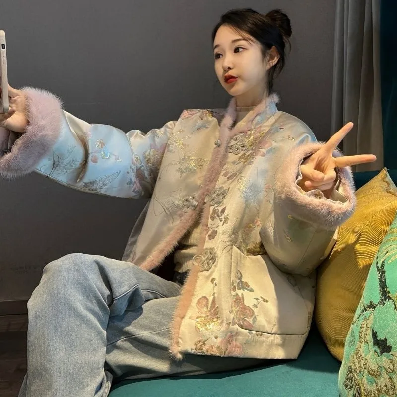 

New Chinese-style Satin Jacquard Embroidery Imitation Mink Fur Coat Women Winter Chinese-style Cotton-padded Jacket Buttons Coat