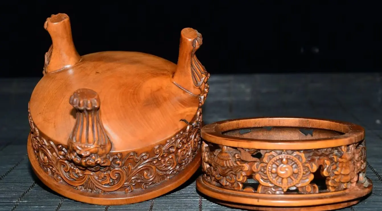 Old Boxwood Lucky Eight Treasures Pattern Hollowed-out Three layer furnace cauldron Three legged incense burner  Town house