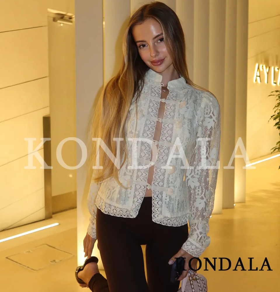 

Модная ажурная куртка KONDALA с китайскими застежками, женская, новая коллекция, приталенная, весна-лето 2026, шикарная, для уличной моды и праздников