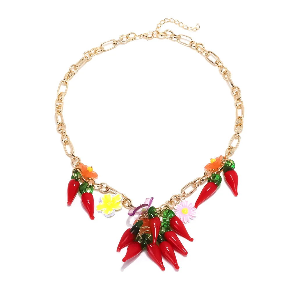 INS exaggerated design sense hand-spliced glazed pepper flower pendant necklace fashionable vegetable necklace women