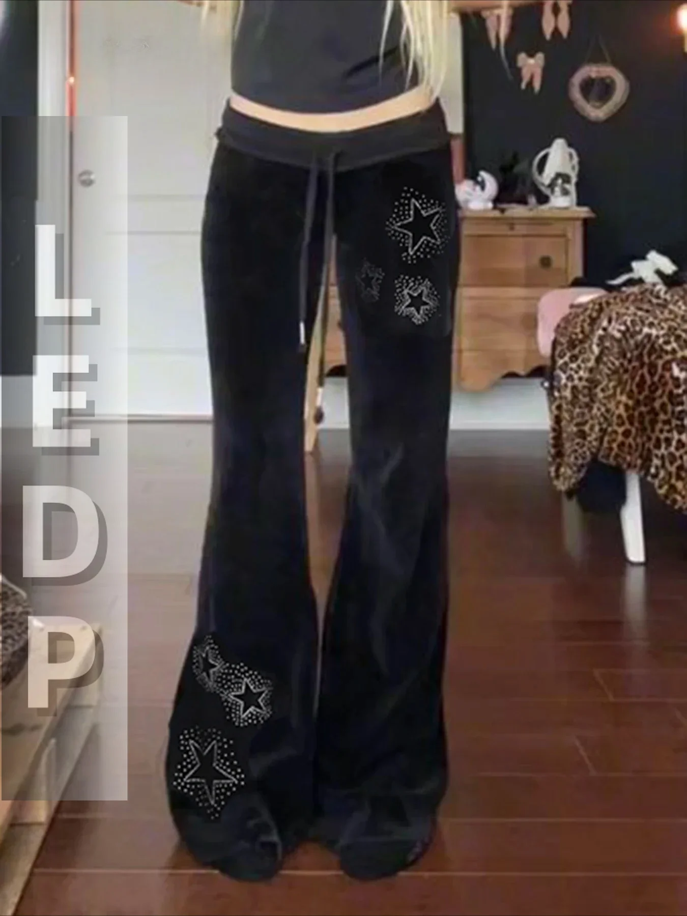 IMU Y2k Streetwear Gothic Velvet Pants Women Dark Cyber Punk Harajuku Grunge Pentagram Printed Low Waist Stright Pants Femme
