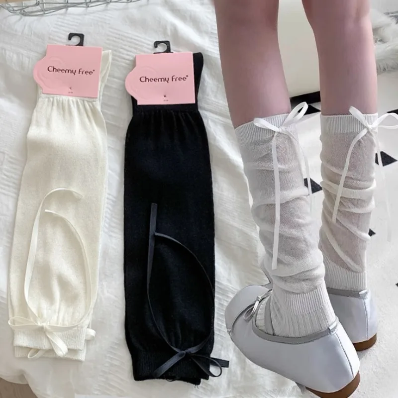 1/2pairs Women Lolita Mid Length Socks Comfortable Breathable Knee-socks Lace Bow Casual Soft Solid Simple Vertical Stripe Socks