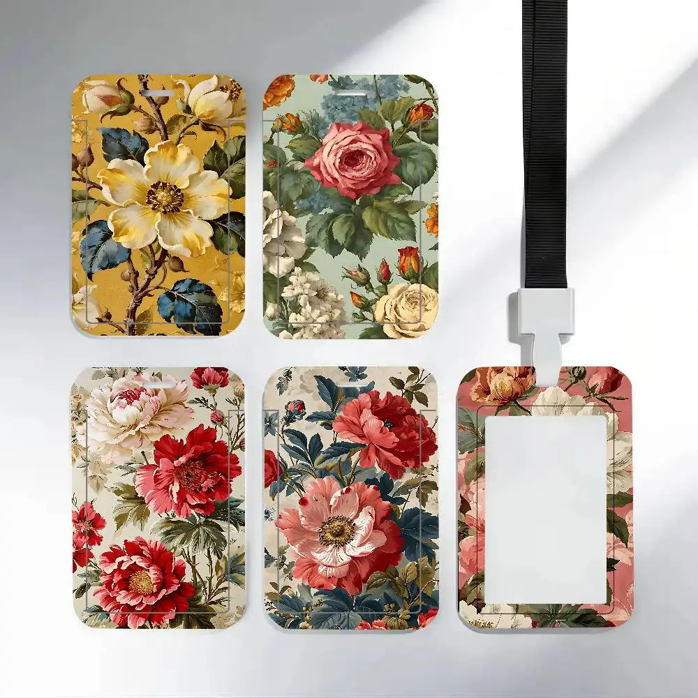 Vibrant Floral Clear ID Card Holder Lanyard Neck Strap Badge Case Door Credit Card Protector Daily Gift