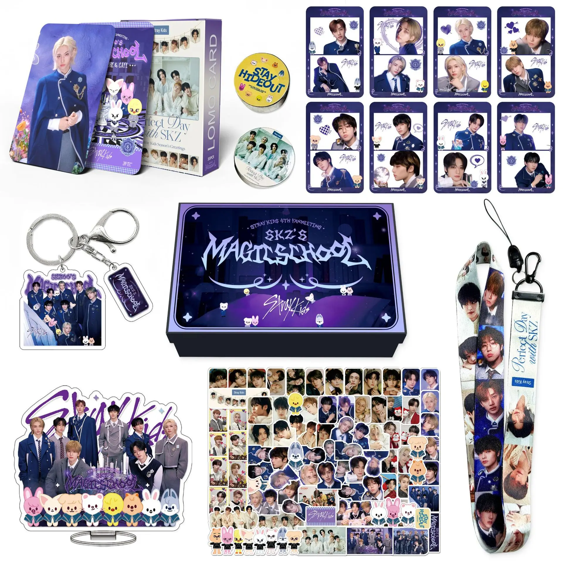 

Stray Kids 2024 4TH Fanmeeting SKZ's Magic School Gift Box With Lomo Cards Acrylic Keychain Standee Stickers Lanyard Badge