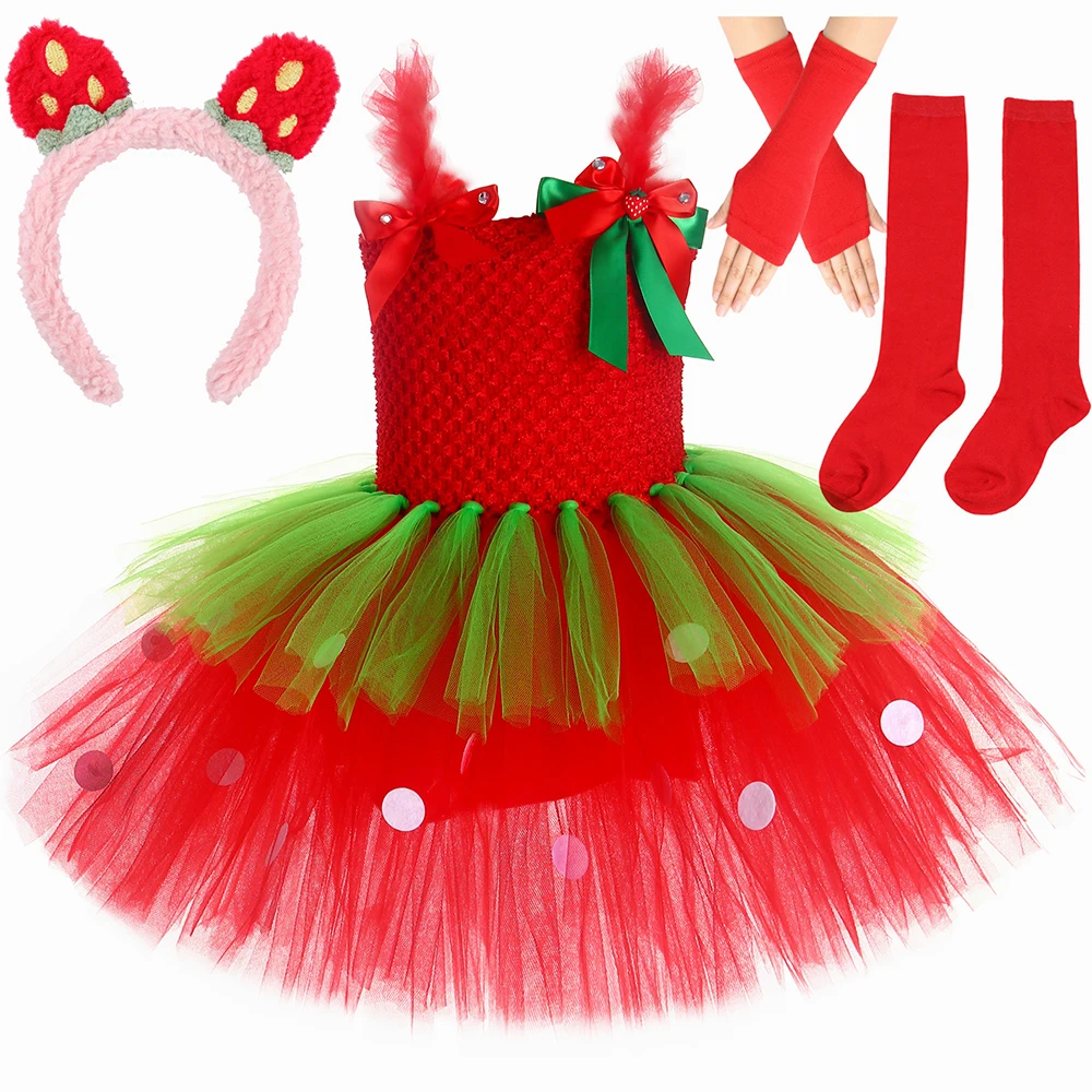 Strawberry Costume Baby Kids Cute Fruit Themed Tulle Tutu Dress for Girls Christmas Halloween Birthday Party Princess Dress Up
