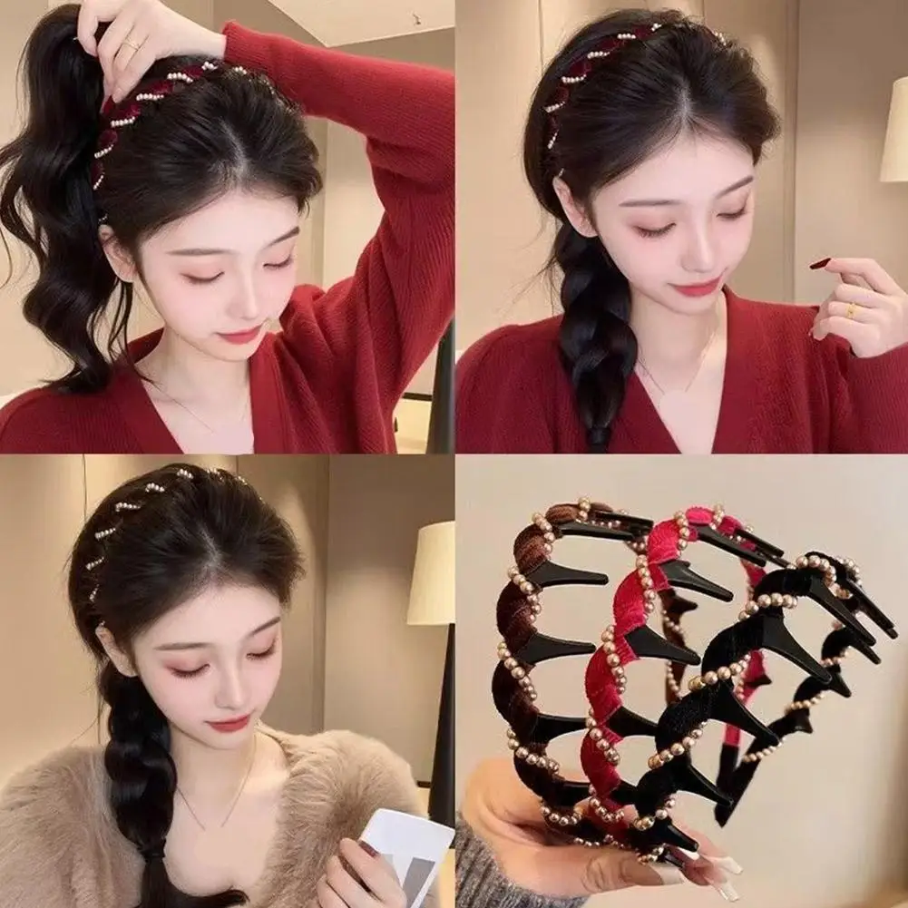 ヴィンテージベルベットパールウェーブトップヘアバンド滑り止め歯ヘアバンド女性ガールズファッション甘いヘアアクセサリー